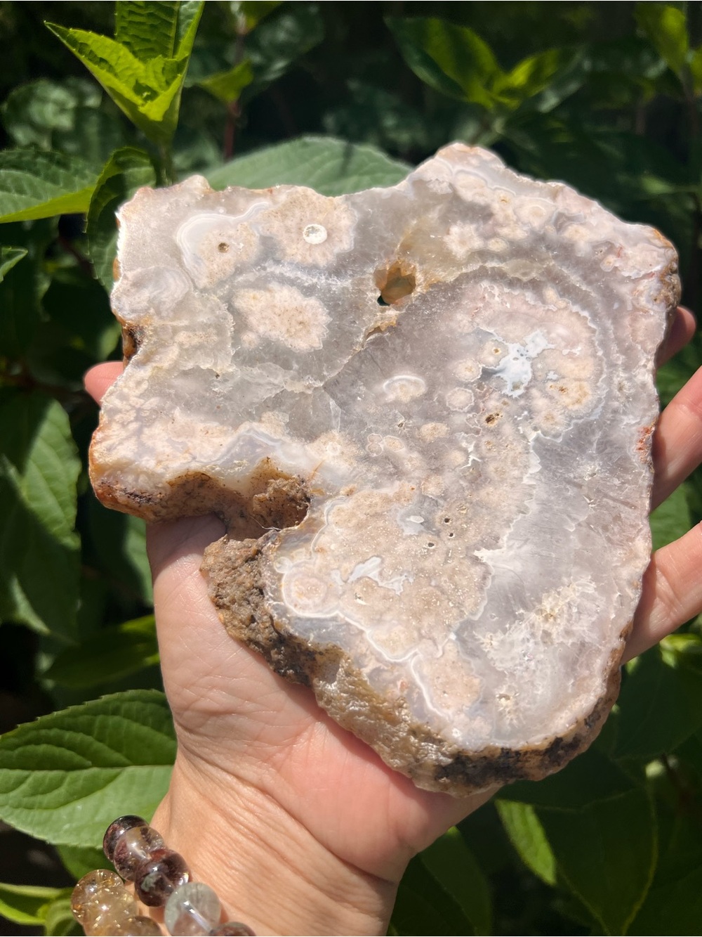 Pink (18) flower agate slab with stand |  Crystal